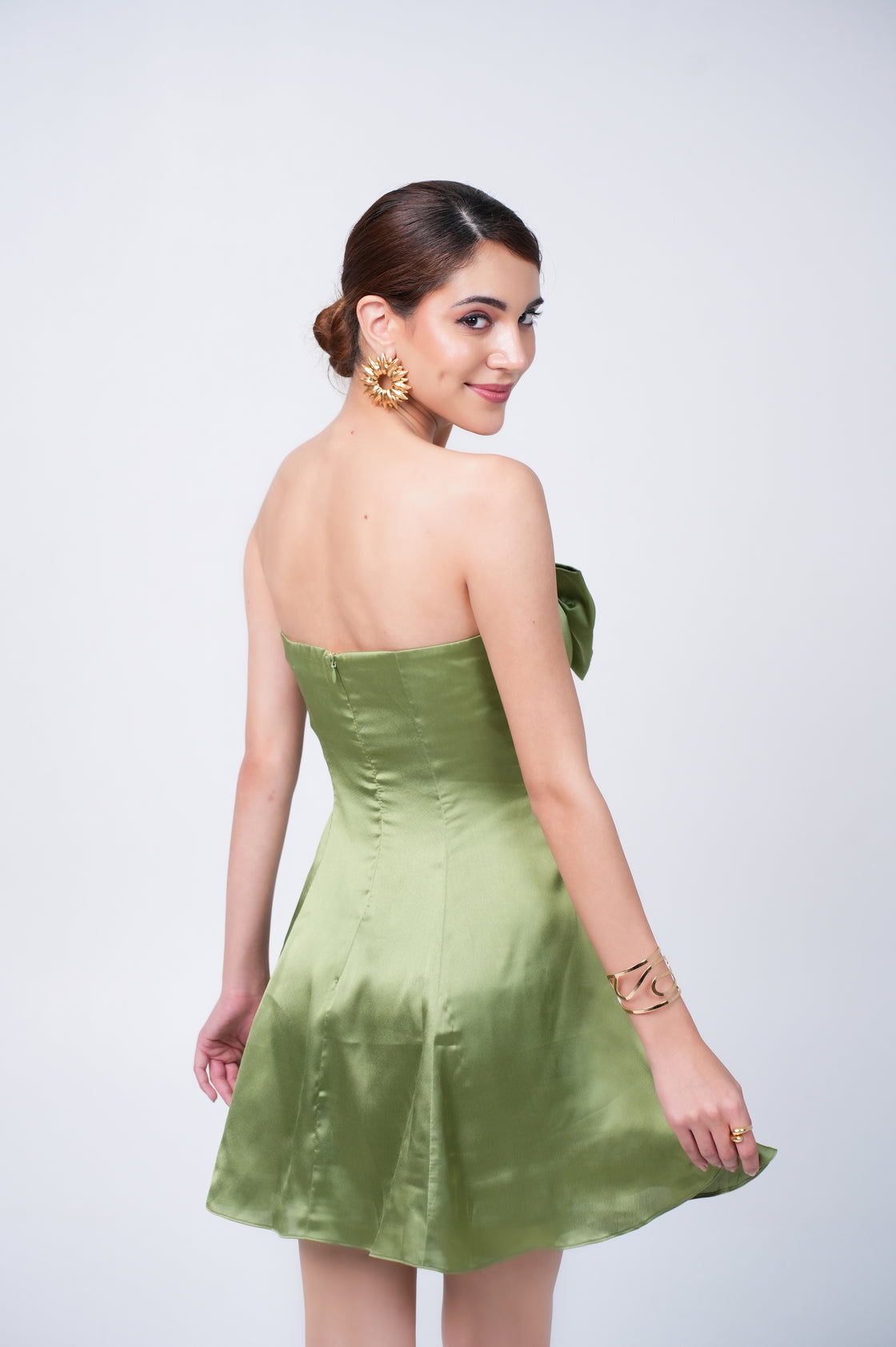 OLIVE GREEN BOW SATIN SHORT MINI FOR WOMEN Mini Dresses