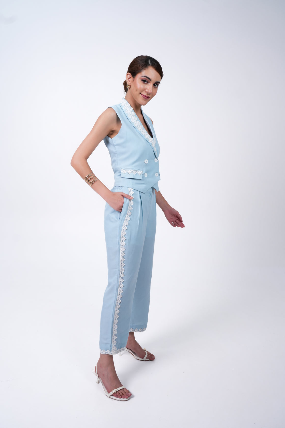 SLEEVELESS VINTAGE LACE WAISTCOAT PANTS SET – CO ORD SET Co Ord Set