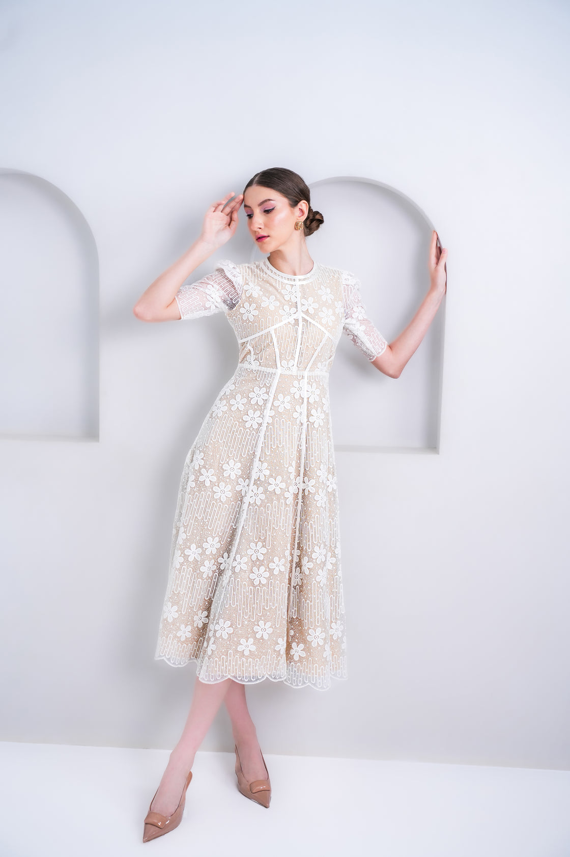WHITE KATIE EMBROIDERED LONG MIDI DRESS Midi Dresses