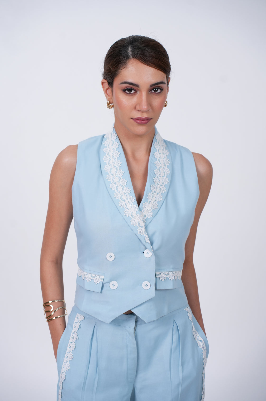 SLEEVELESS VINTAGE LACE WAISTCOAT PANTS SET – CO ORD SET Co Ord Set
