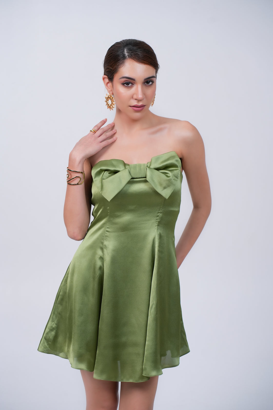 OLIVE GREEN BOW SATIN SHORT MINI FOR WOMEN Mini Dresses