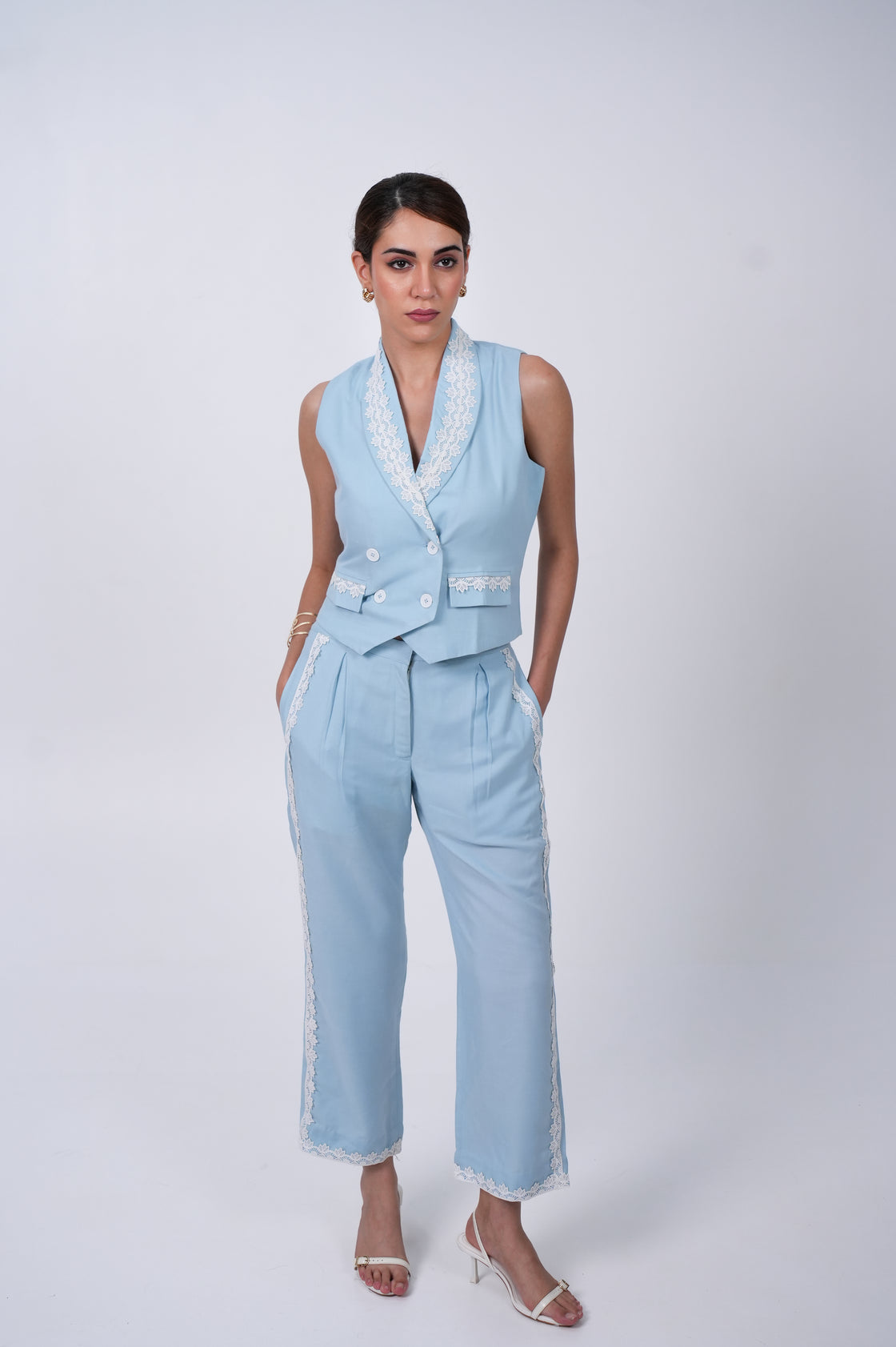 SLEEVELESS VINTAGE LACE WAISTCOAT PANTS SET – CO ORD SET Co Ord Set