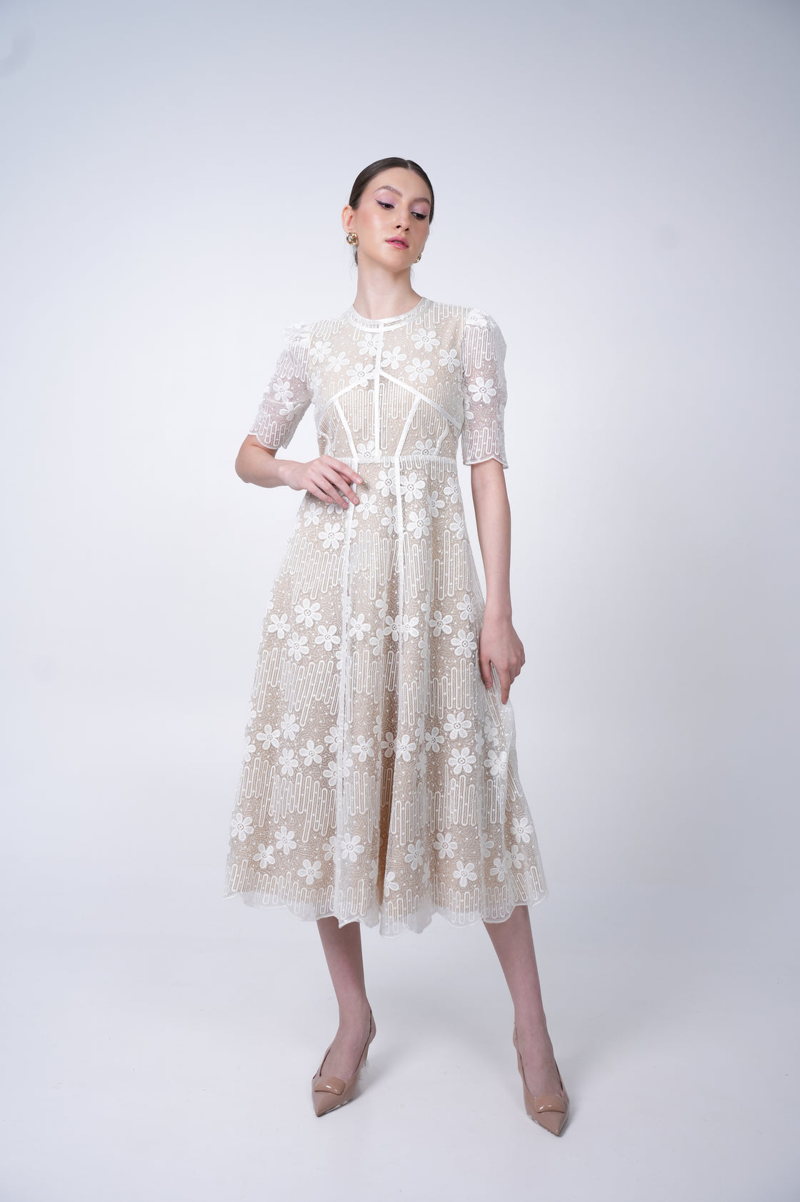 WHITE KATIE EMBROIDERED LONG MIDI DRESS Midi Dresses