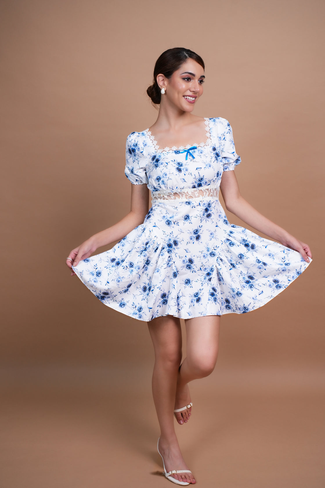 WHITE FLORAL ROSEBUD MINI DRESS FOR WOMEN Mini Dresses