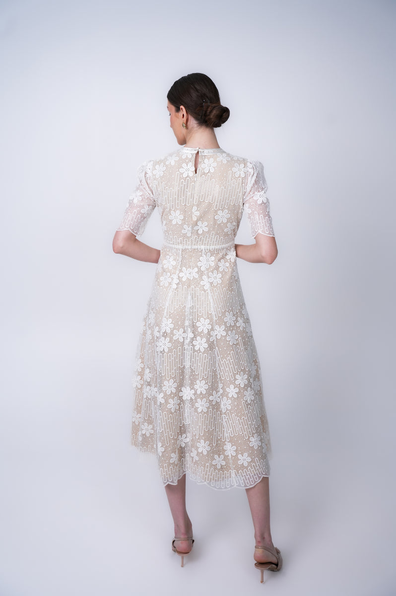 WHITE KATIE EMBROIDERED LONG MIDI DRESS