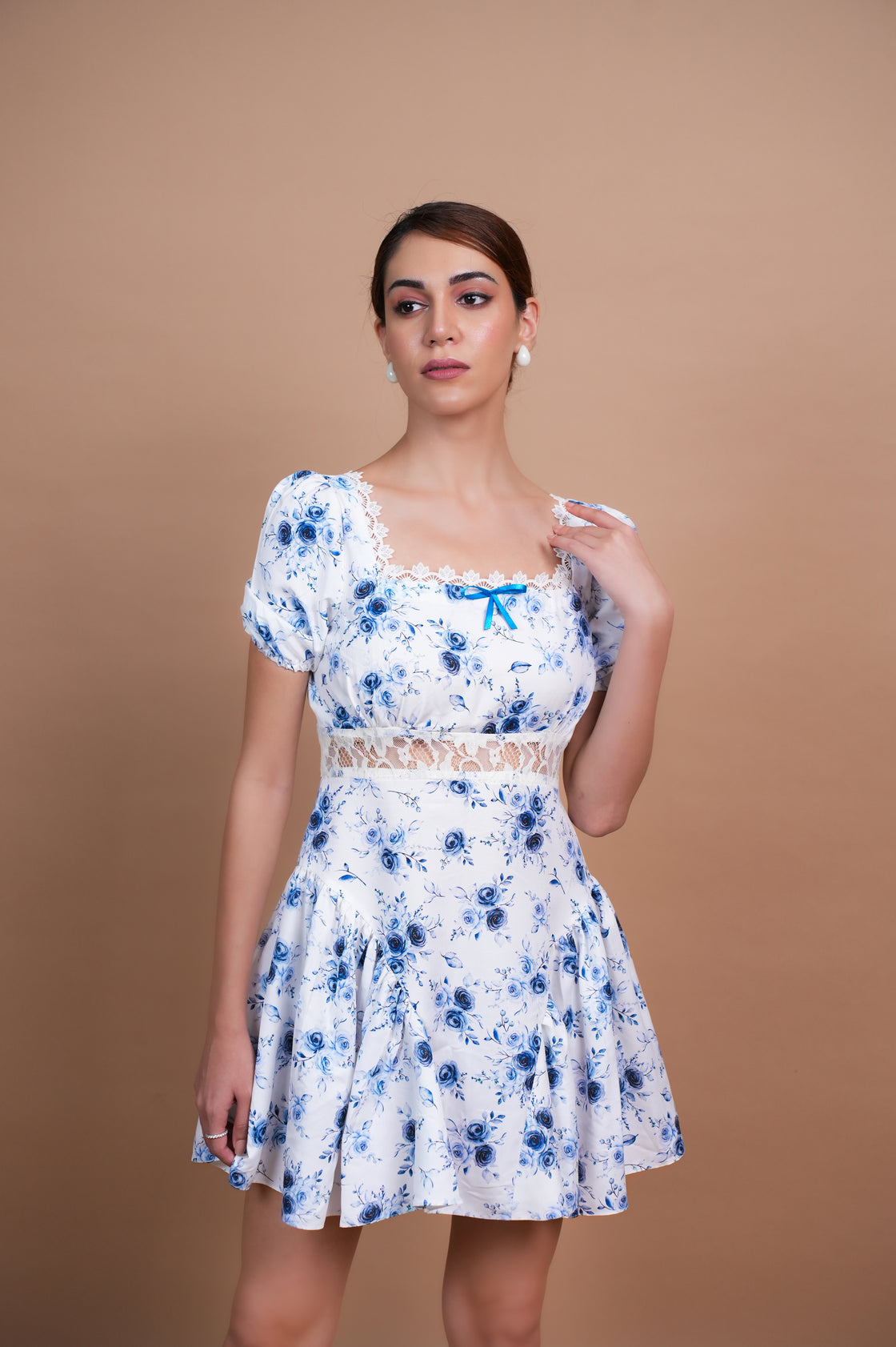 WHITE FLORAL ROSEBUD MINI DRESS FOR WOMEN Mini Dresses