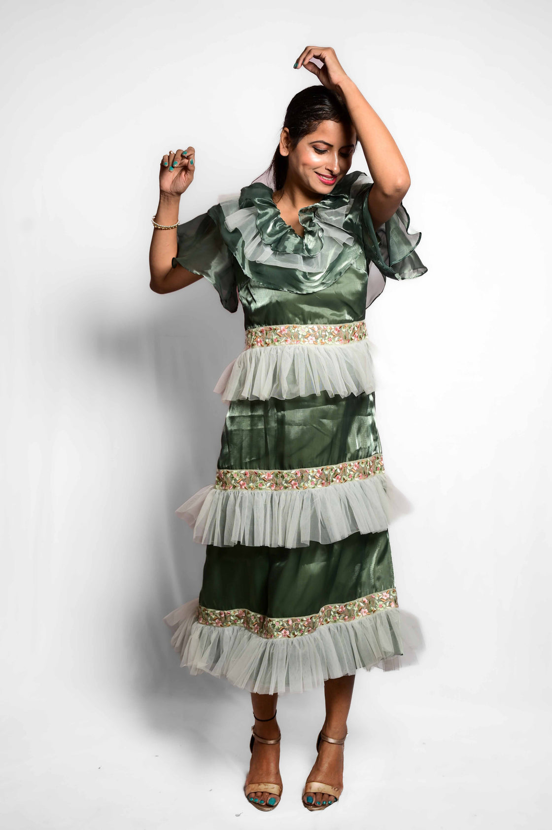 GREEN EMBROIDERED RUFFLE DRESS