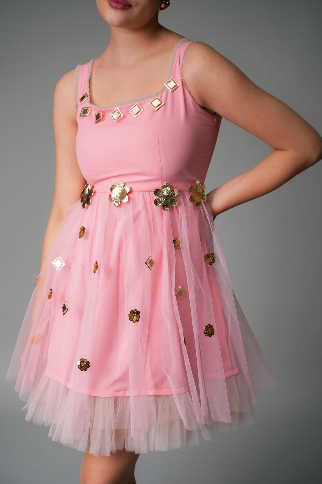 BABY PINK & BEIGE HAND EMBELLISHED DRESS
