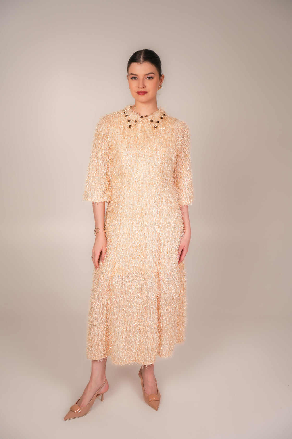 BEIGE COLLAR FEATHER MIDI DRESS