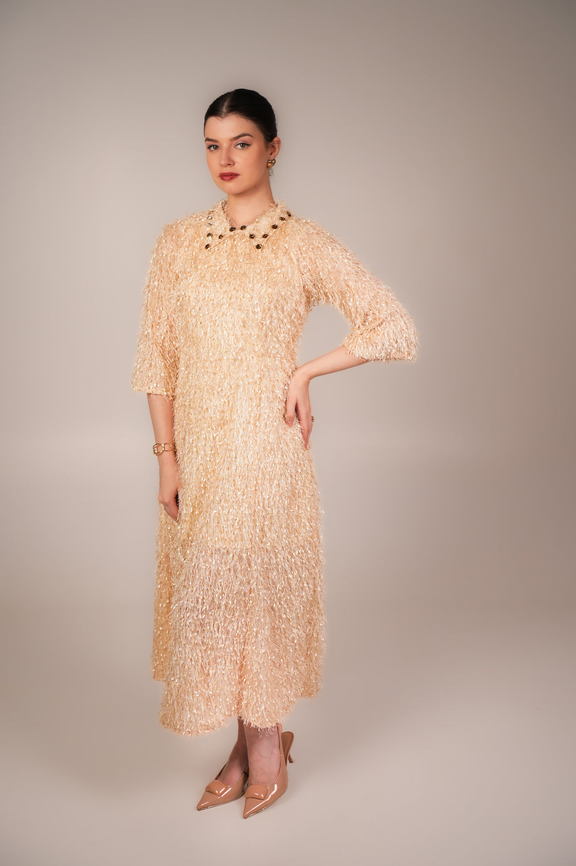 BEIGE COLLAR FEATHER MIDI DRESS