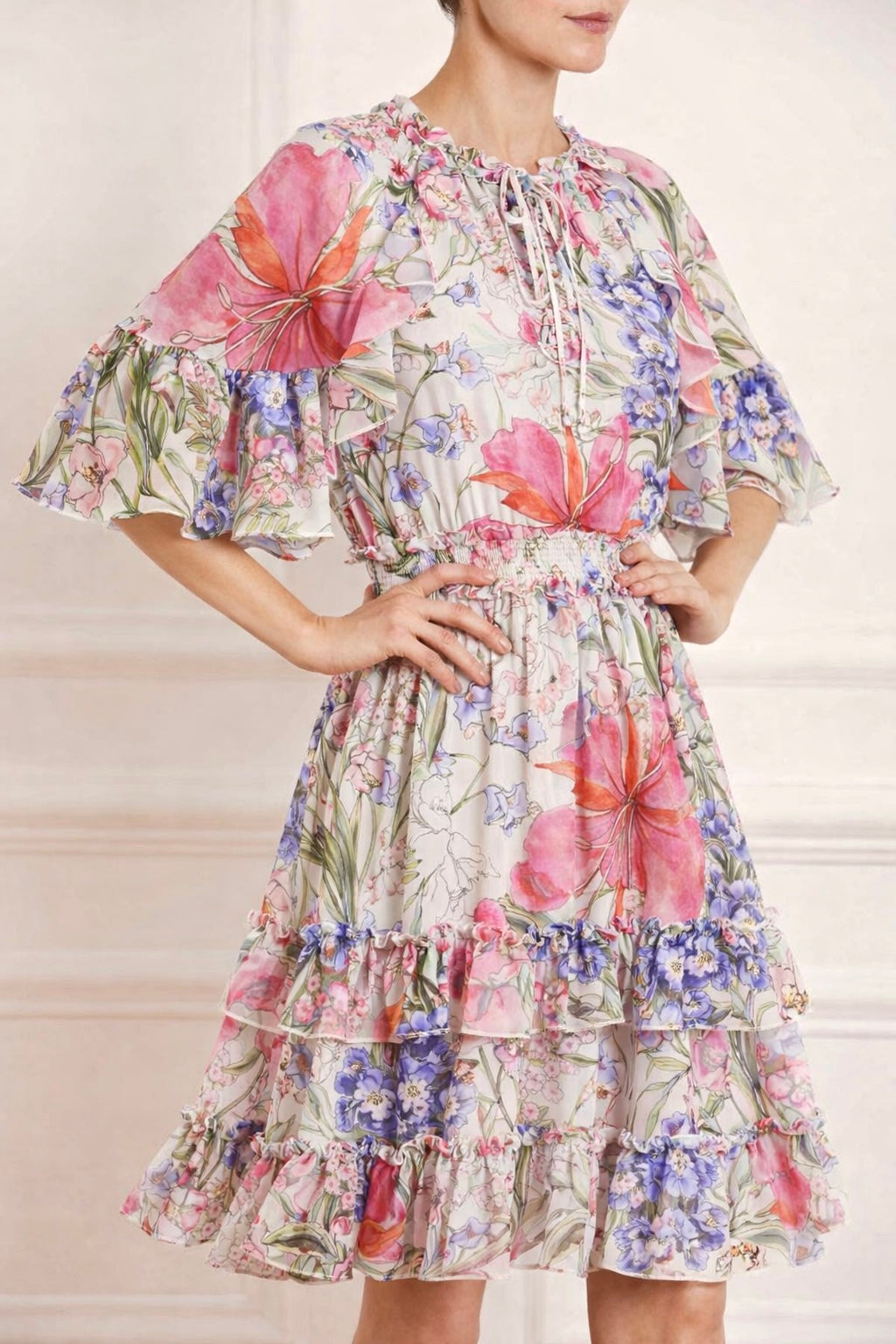 CHIFFON FLORAL KNEE LENGTH DRESS