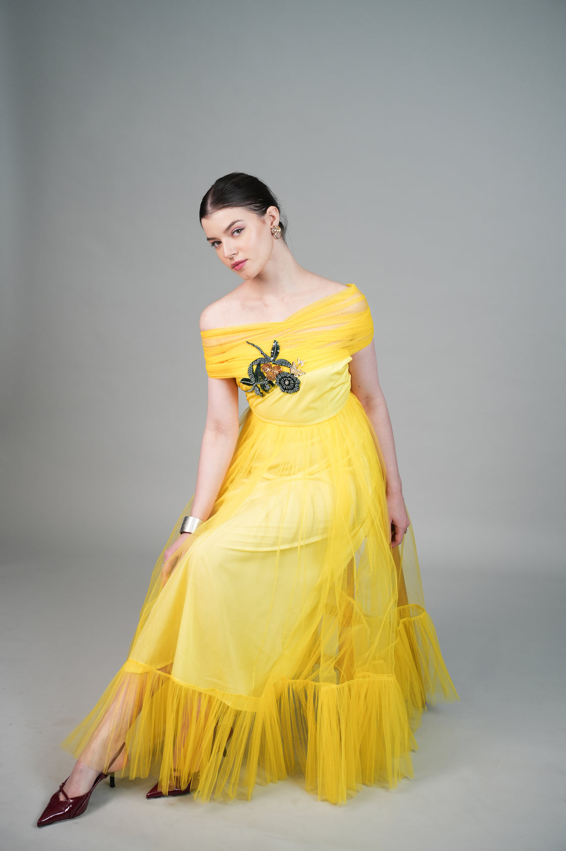 FLUTTER YELLOW HAND EMBROIDERED DRESS