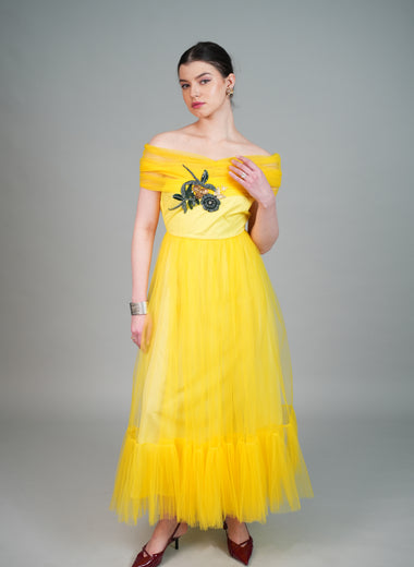 FLUTTER YELLOW HAND EMBROIDERED DRESS