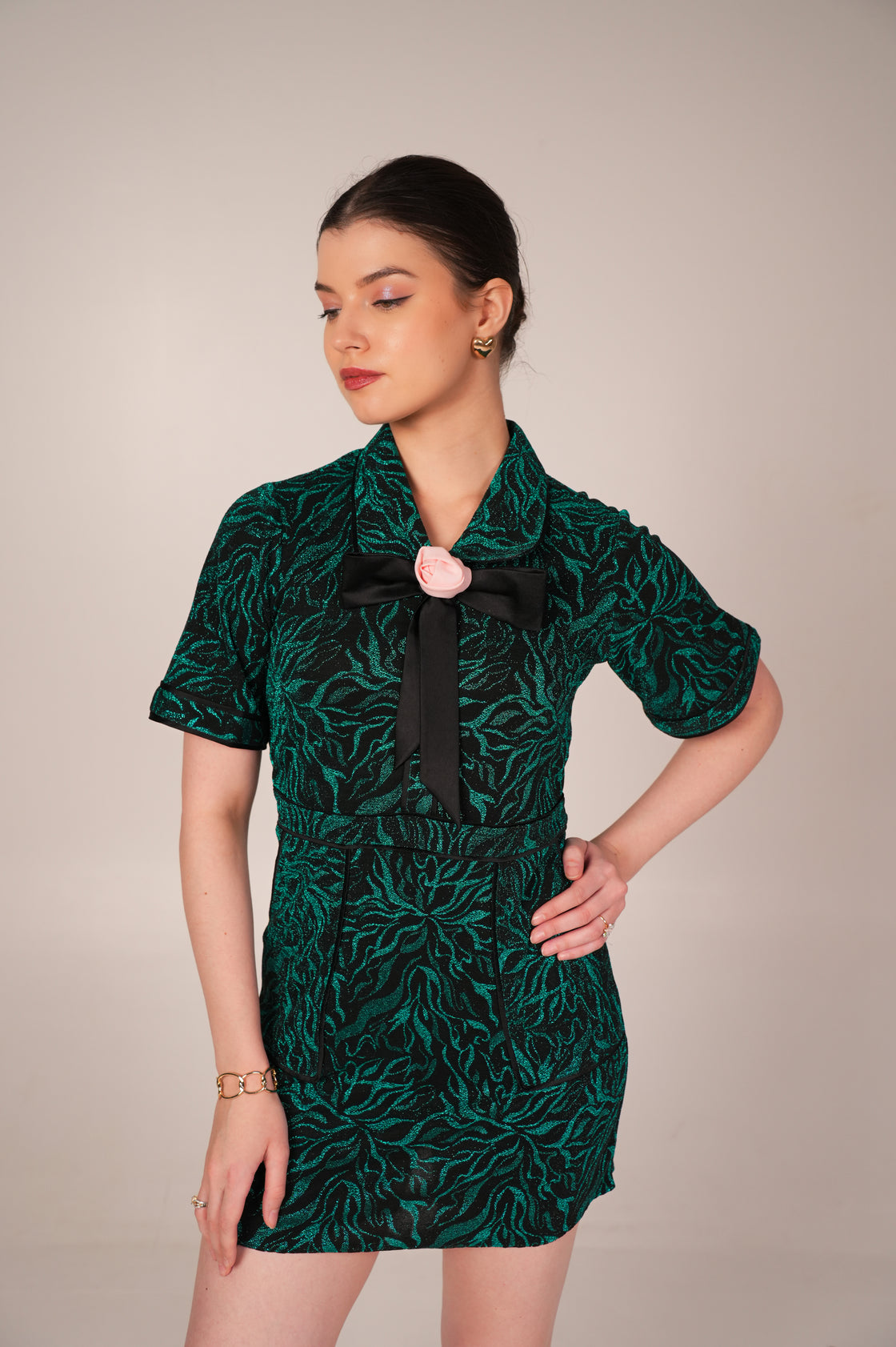 GIGI FOREST GREEN TEXTURED MINI DRESS