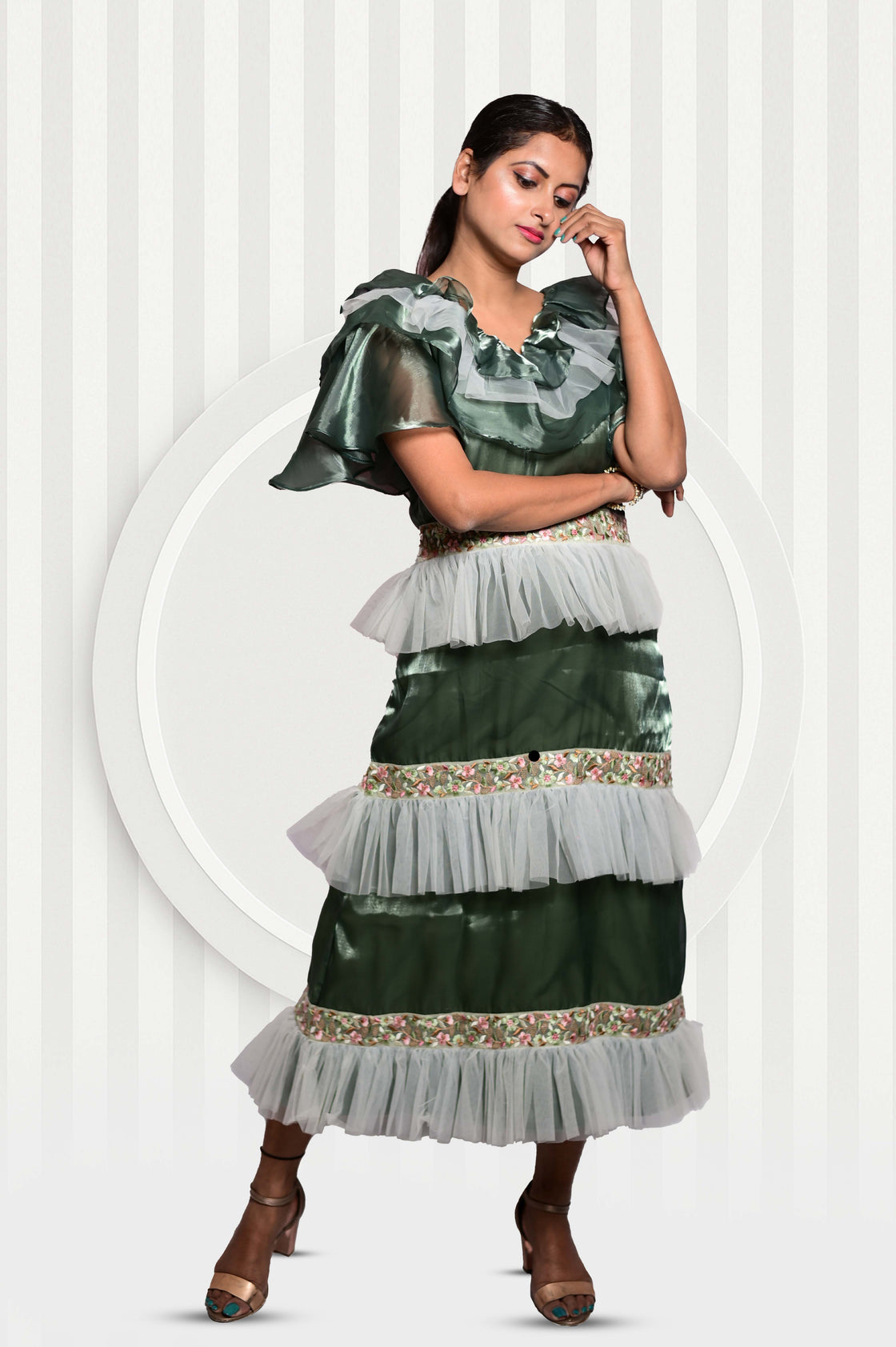 GREEN EMBROIDERED RUFFLE DRESS