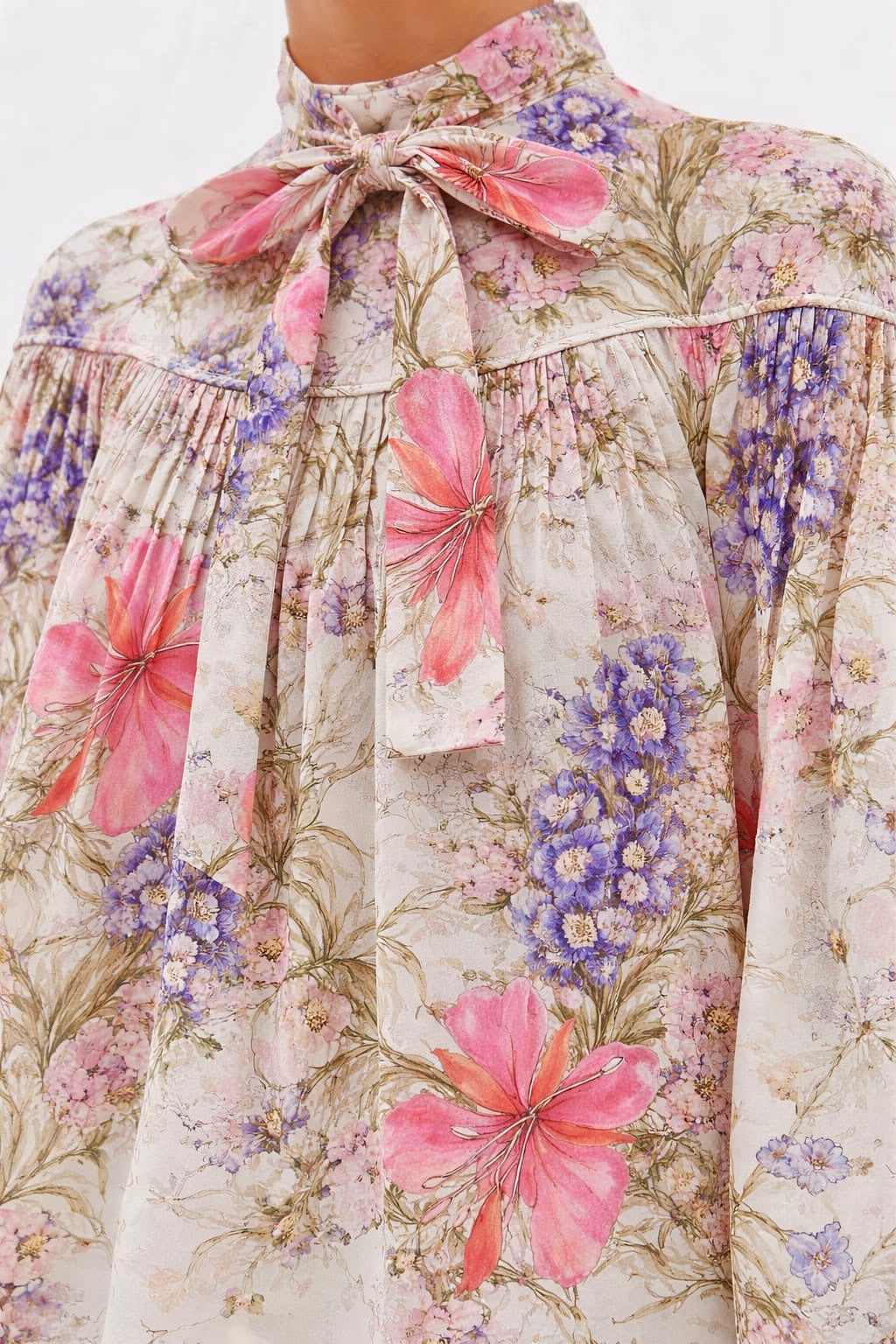 CHIFFON FLORAL TIE NECK BLOUSE