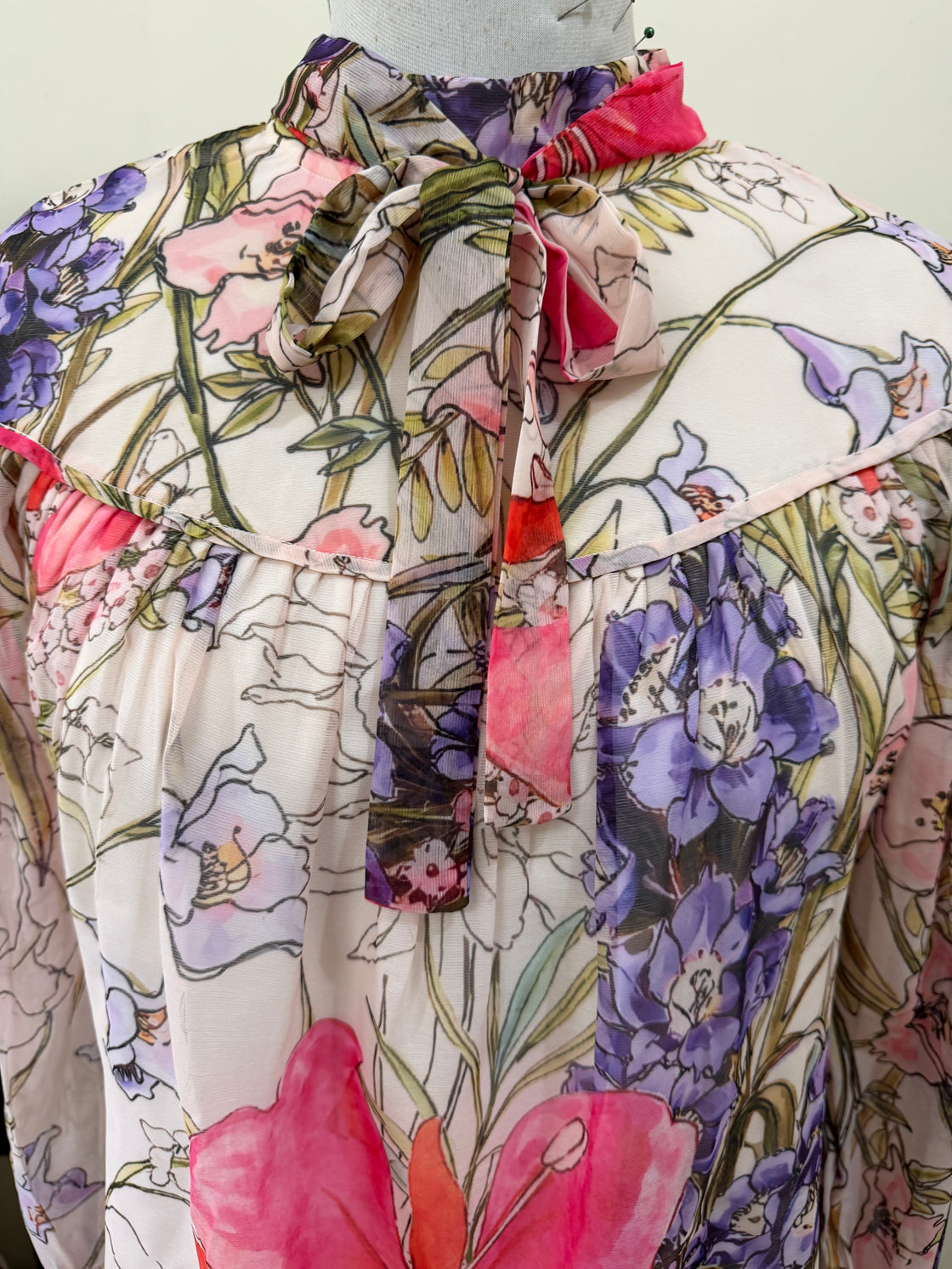 CHIFFON FLORAL TIE NECK BLOUSE