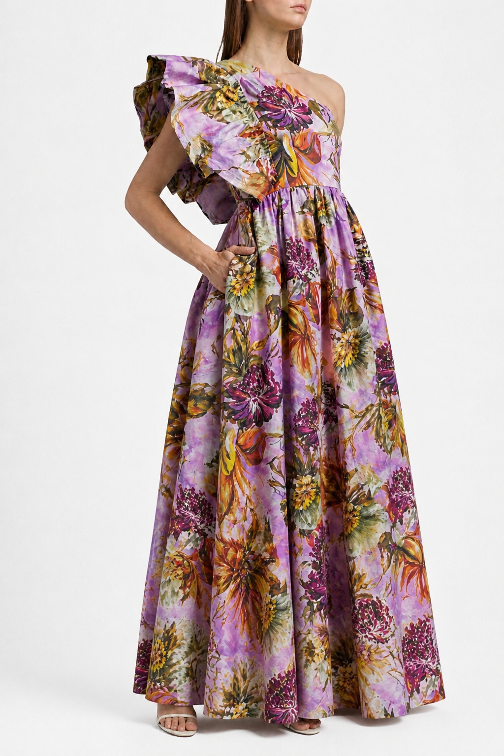 FLORAL ONE SHOULDER MAXI LENGTH DRESS