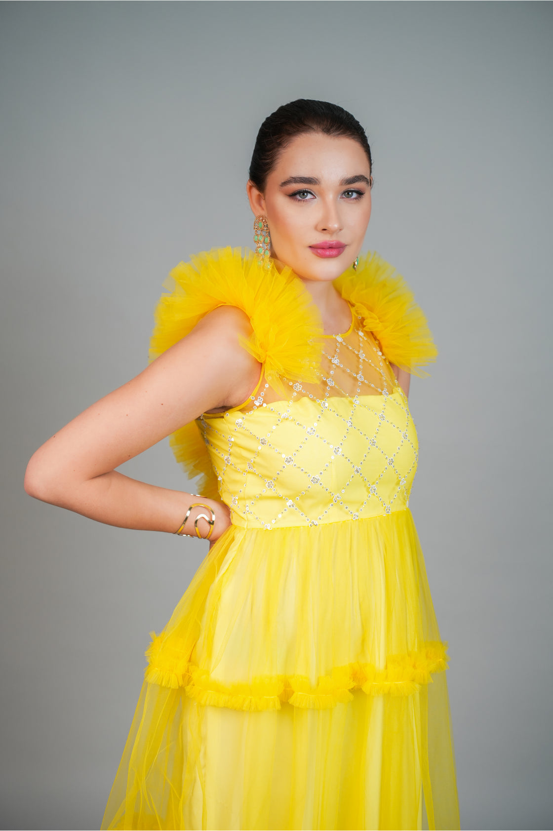 MYST YELLOW EMBROIDERED RUFFLE GOWN