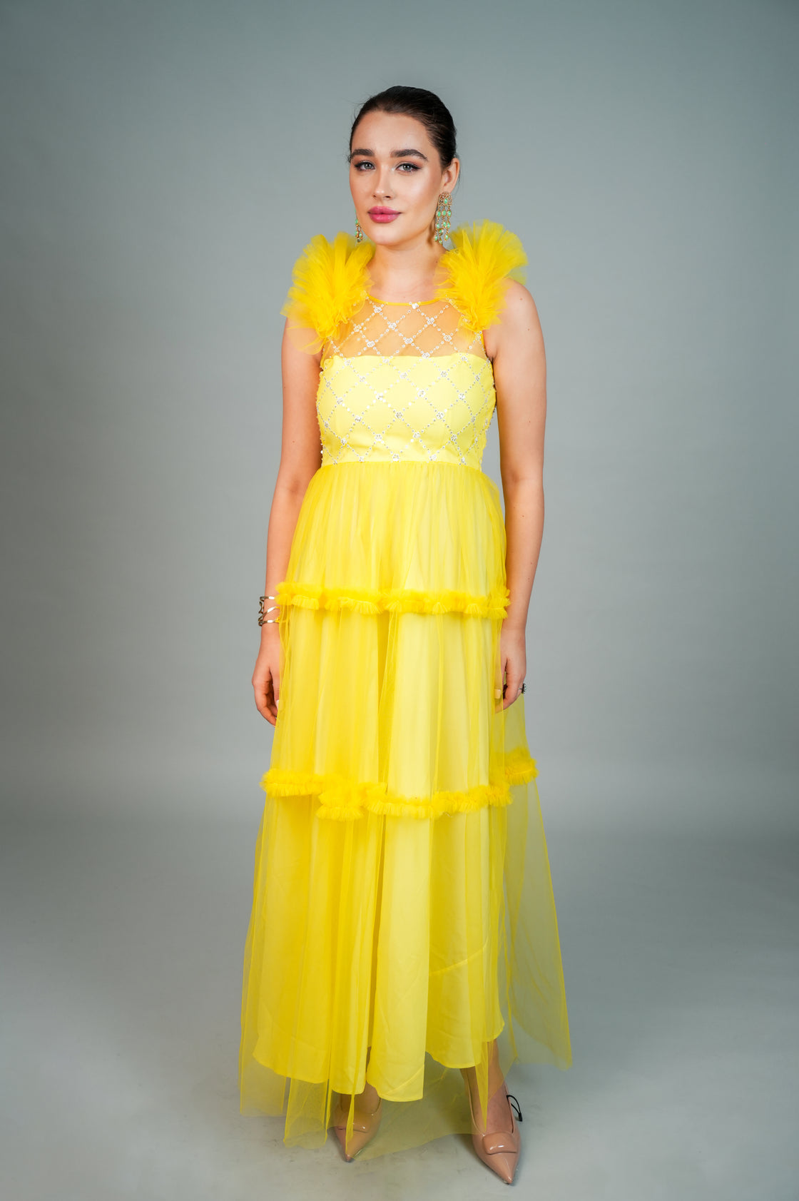 MYST YELLOW EMBROIDERED RUFFLE GOWN