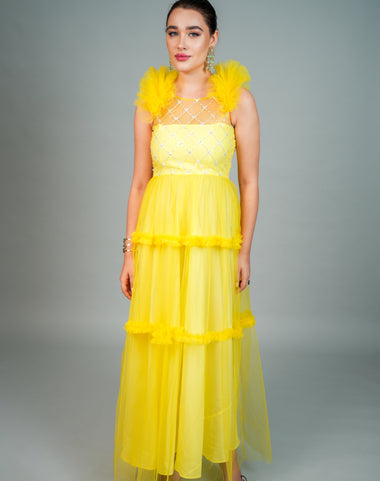 MYST YELLOW EMBROIDERED RUFFLE GOWN