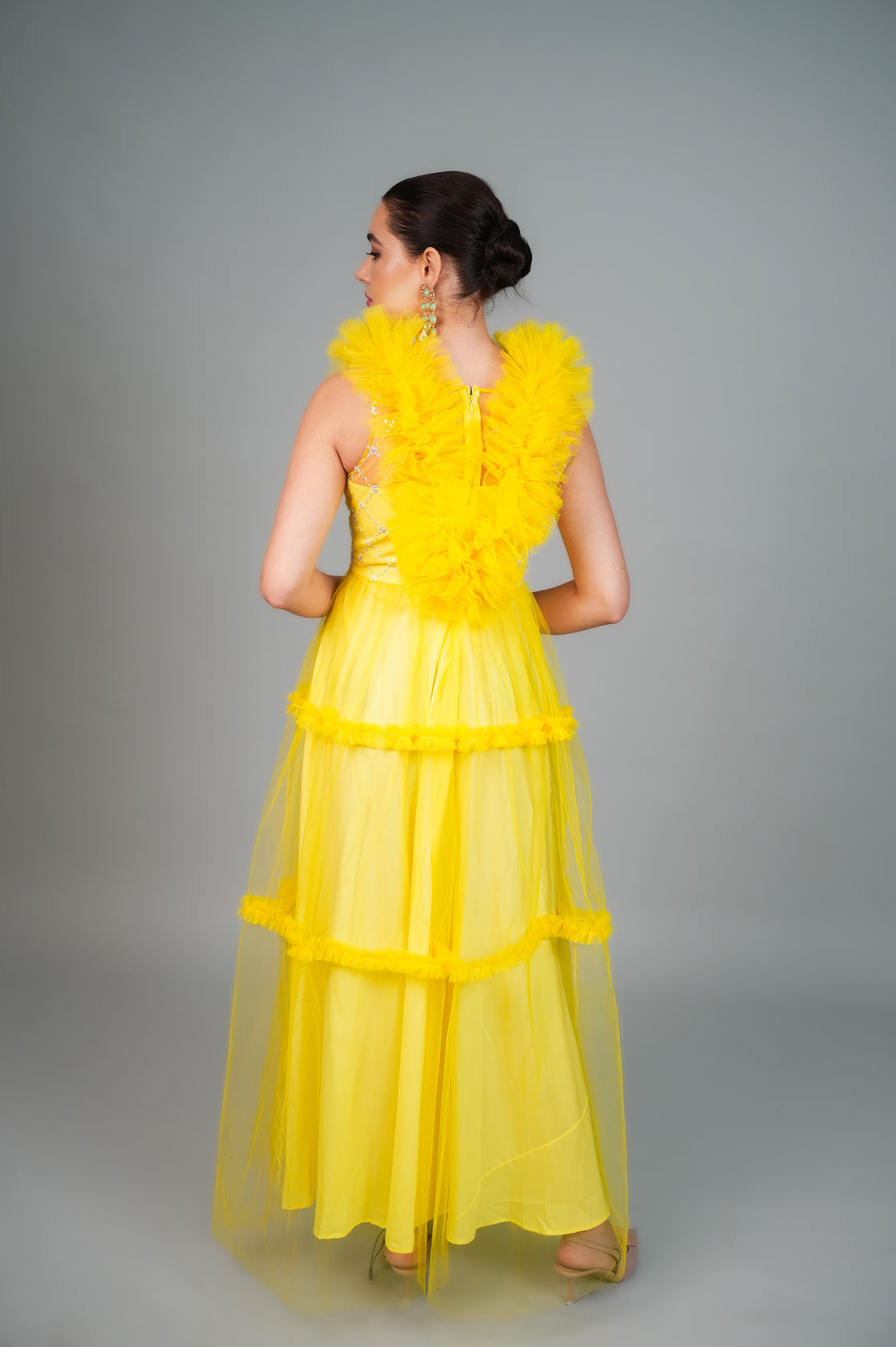 MYST YELLOW EMBROIDERED RUFFLE GOWN