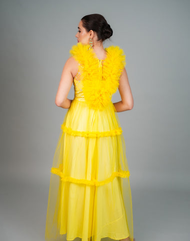 MYST YELLOW EMBROIDERED RUFFLE GOWN