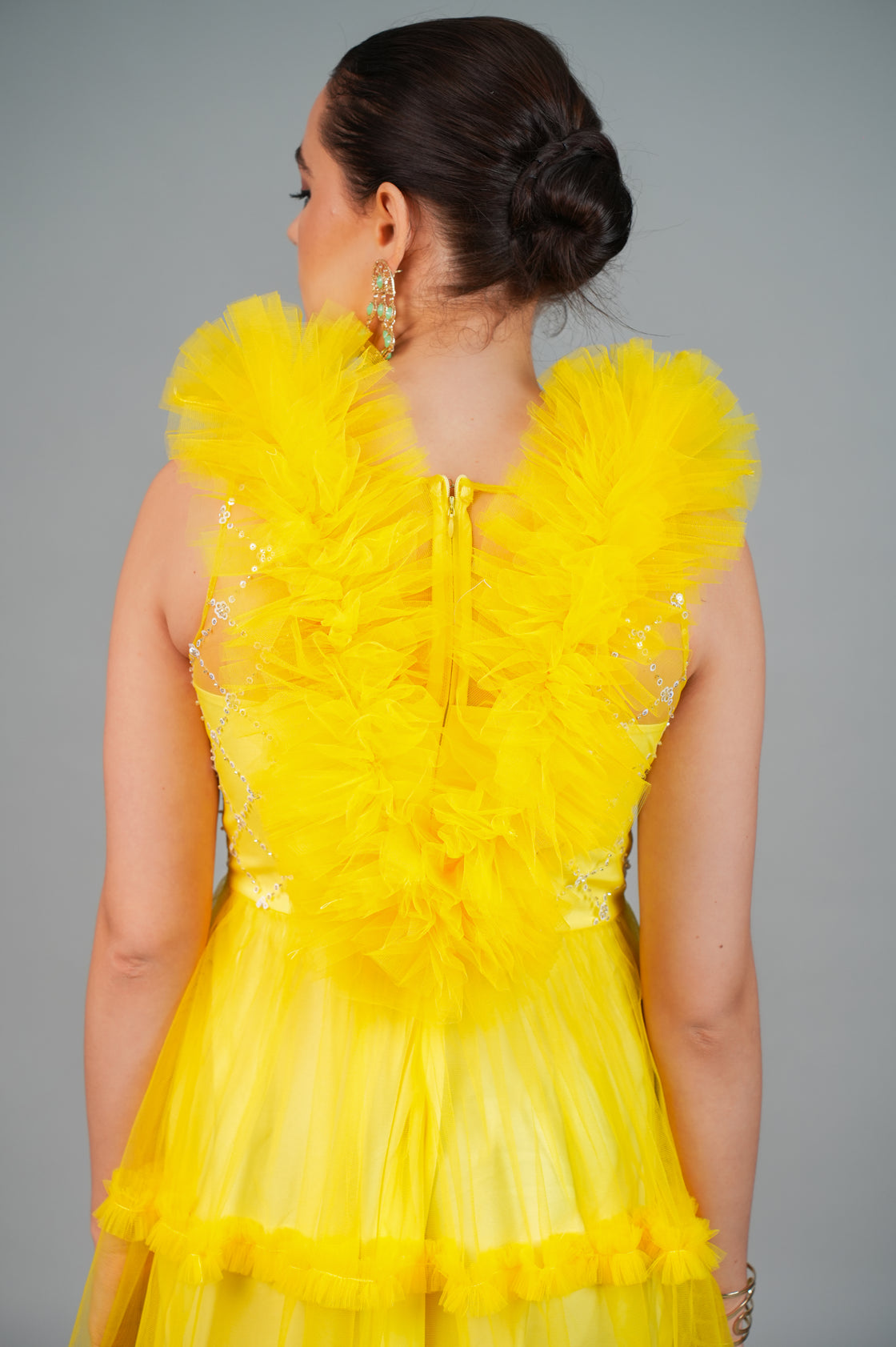 MYST YELLOW EMBROIDERED RUFFLE GOWN
