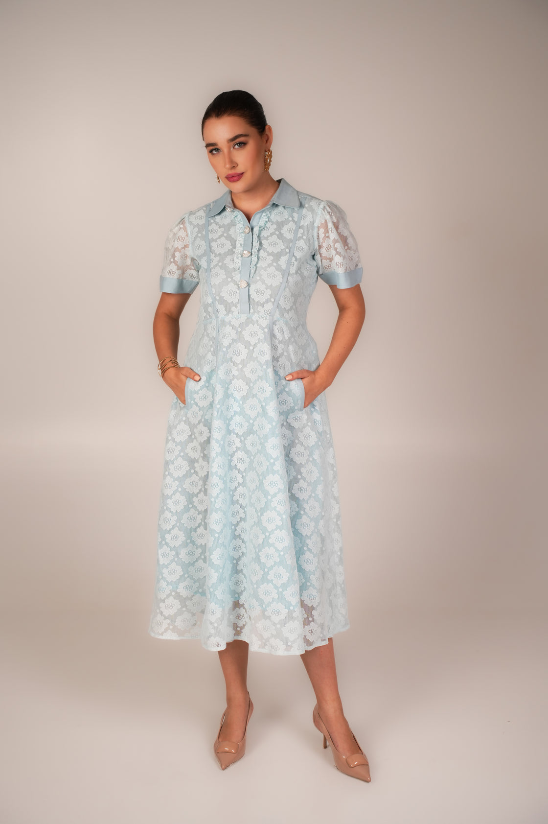 POWDER BLUE CROCHET LONG MIDI DRESS