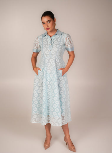 POWDER BLUE CROCHET LONG MIDI DRESS