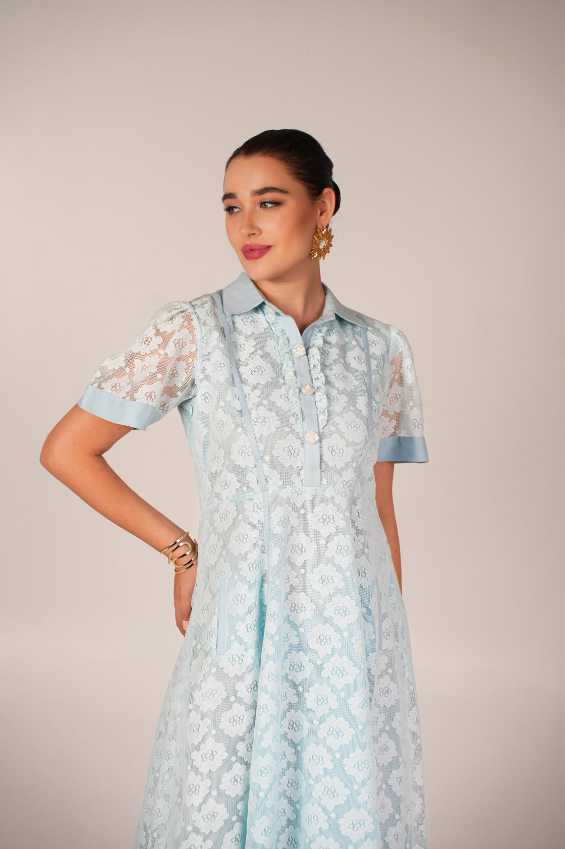 POWDER BLUE CROCHET LONG MIDI DRESS