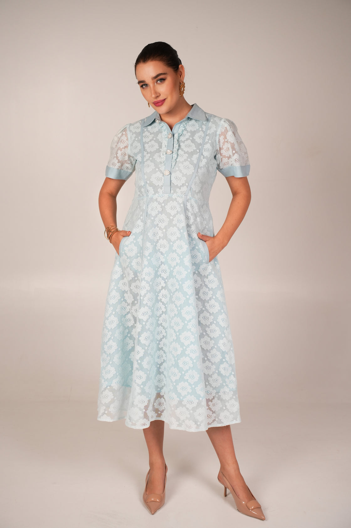 POWDER BLUE CROCHET LONG MIDI DRESS