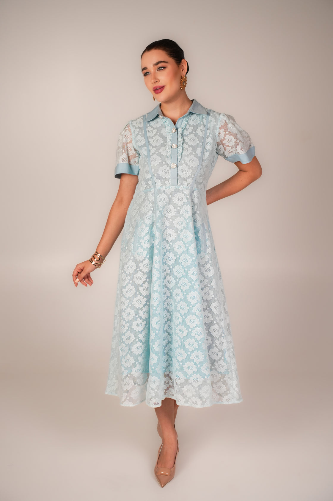 POWDER BLUE CROCHET LONG MIDI DRESS