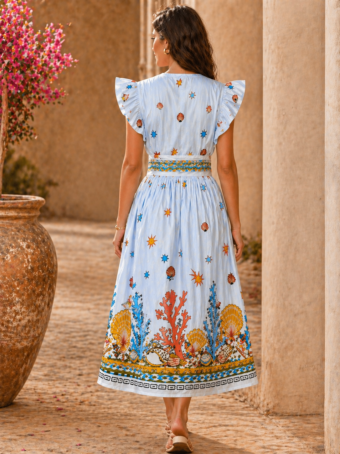 PURE COTTON LINEN SEASHELL LONG MIDI DRESS