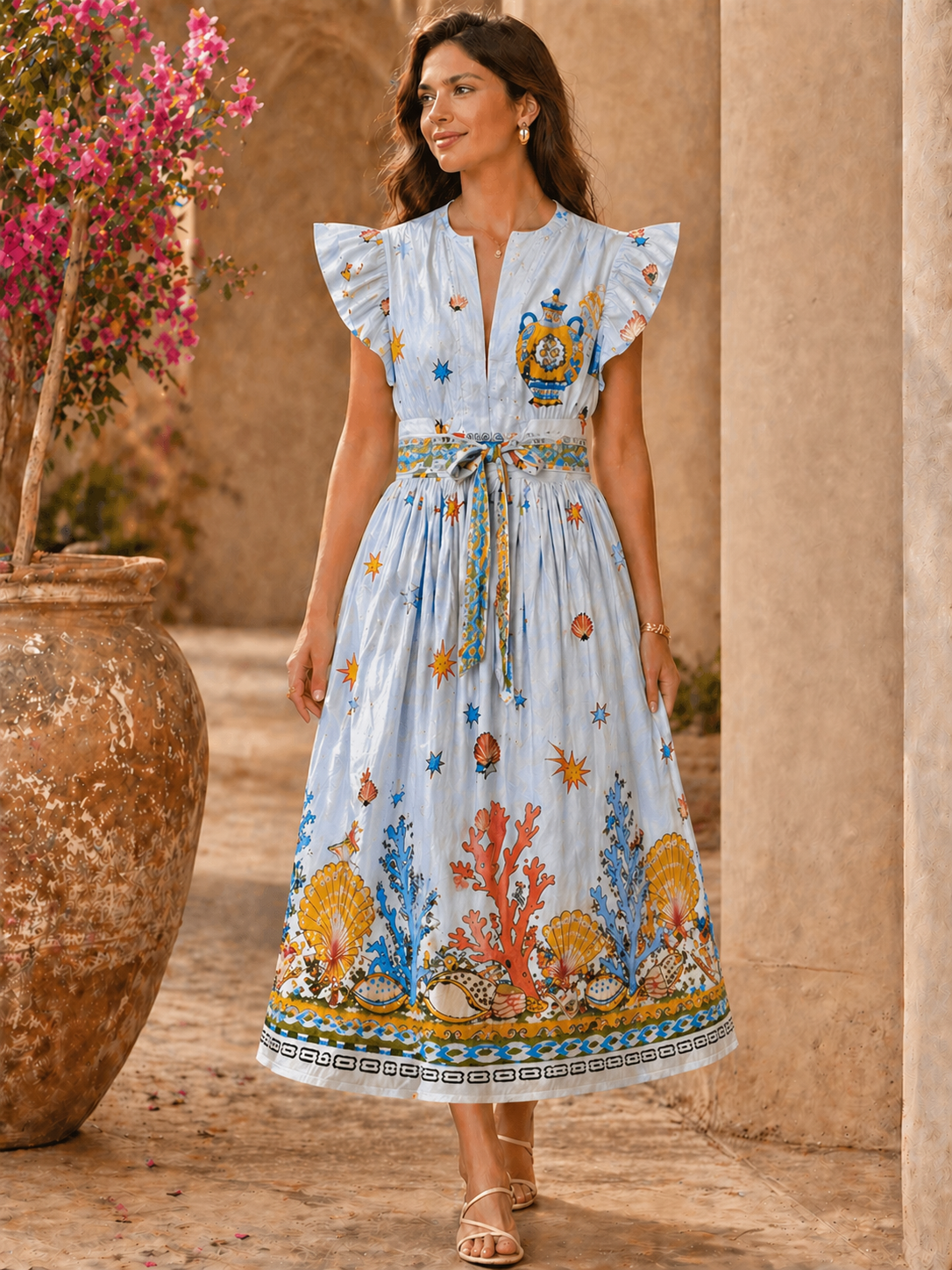 PURE COTTON LINEN SEASHELL LONG MIDI DRESS