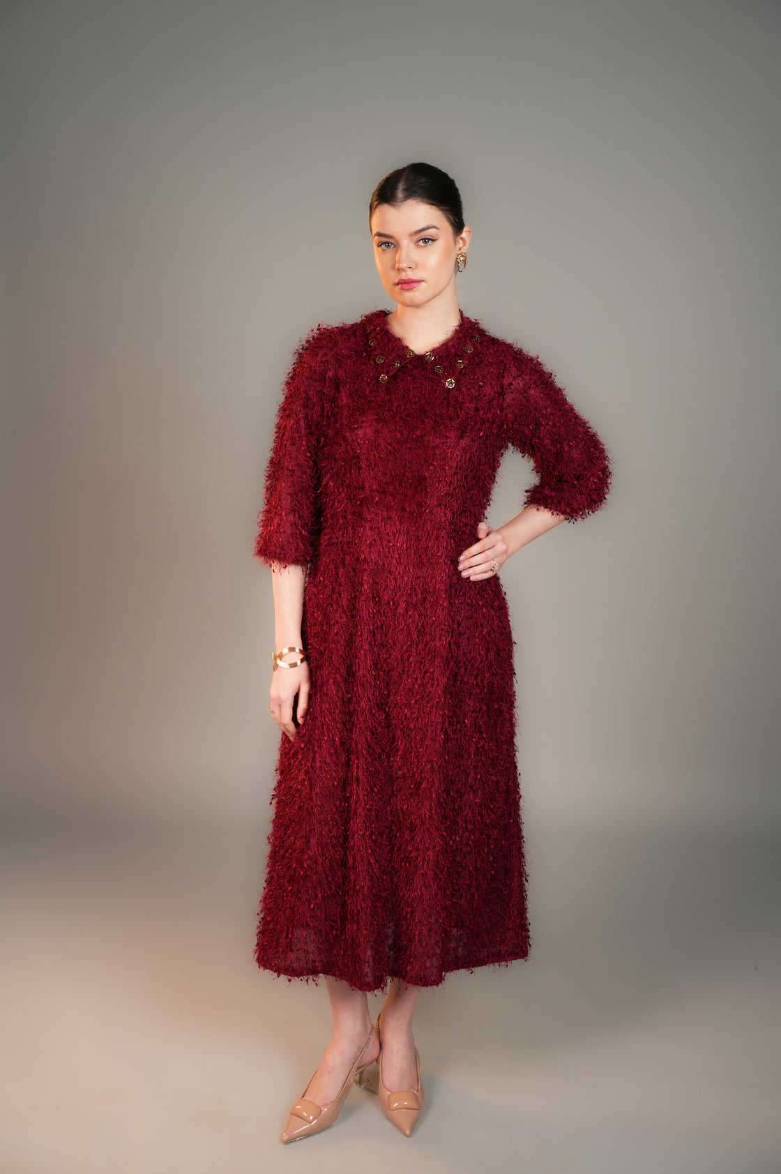 ROYAL CRIMSON FEATHER COLLAR MIDI DRESS