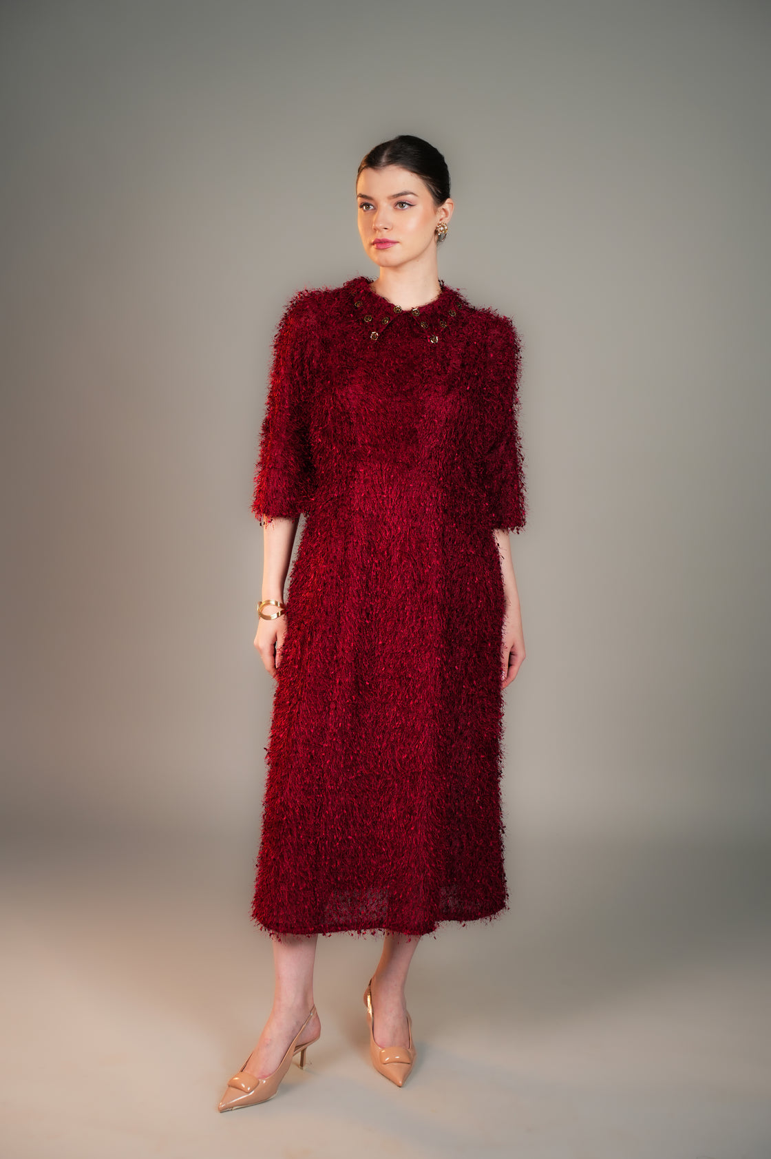 ROYAL CRIMSON FEATHER COLLAR MIDI DRESS