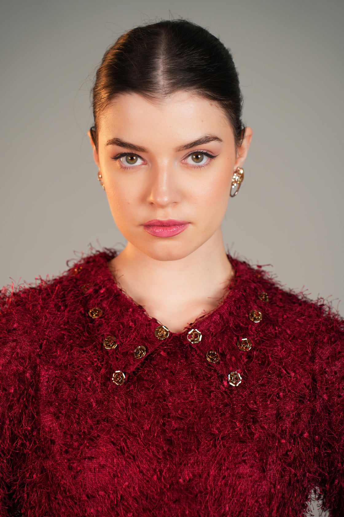ROYAL CRIMSON FEATHER COLLAR MIDI DRESS