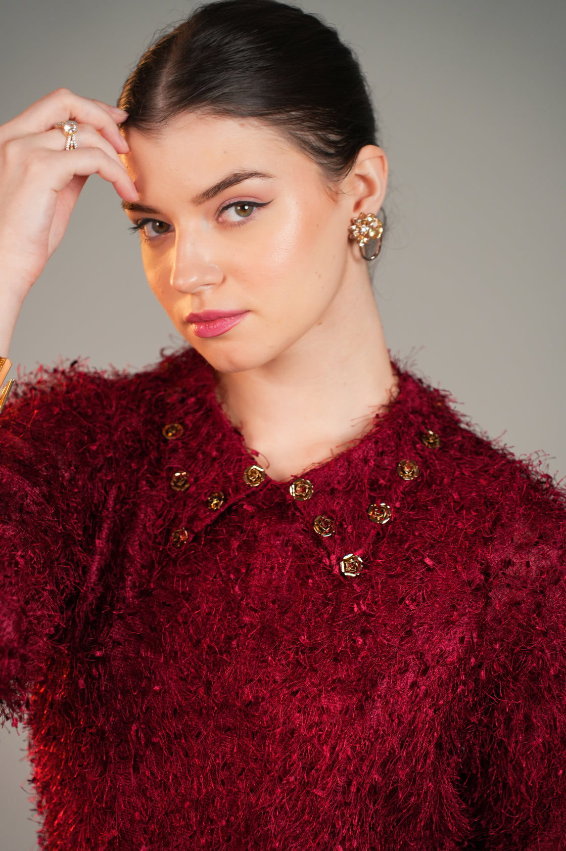 ROYAL CRIMSON FEATHER COLLAR MIDI DRESS