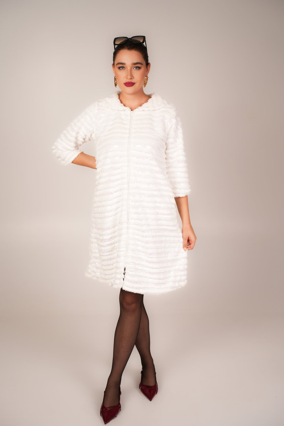 WHITE SEQUIN FOUX FUR COAT