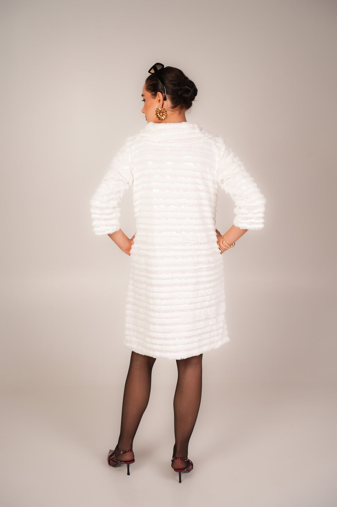 WHITE SEQUIN FOUX FUR COAT