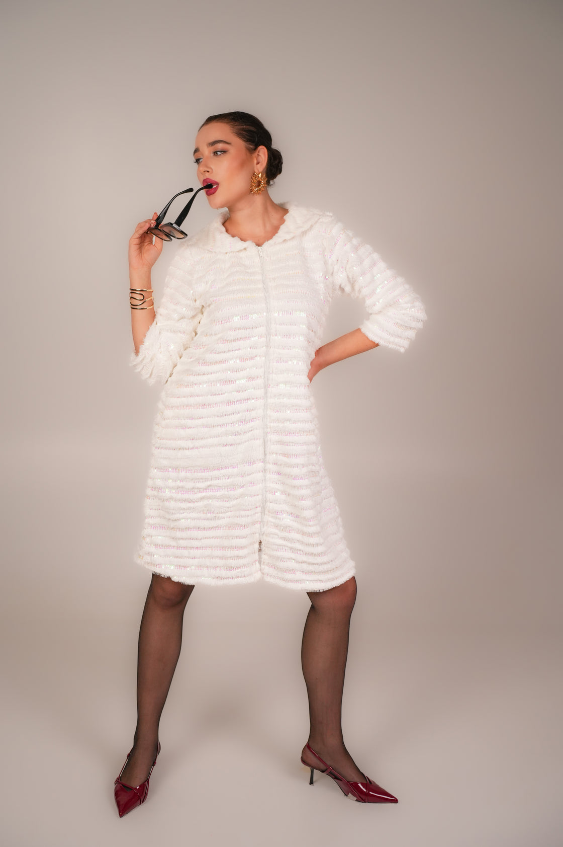 WHITE SEQUIN FOUX FUR COAT