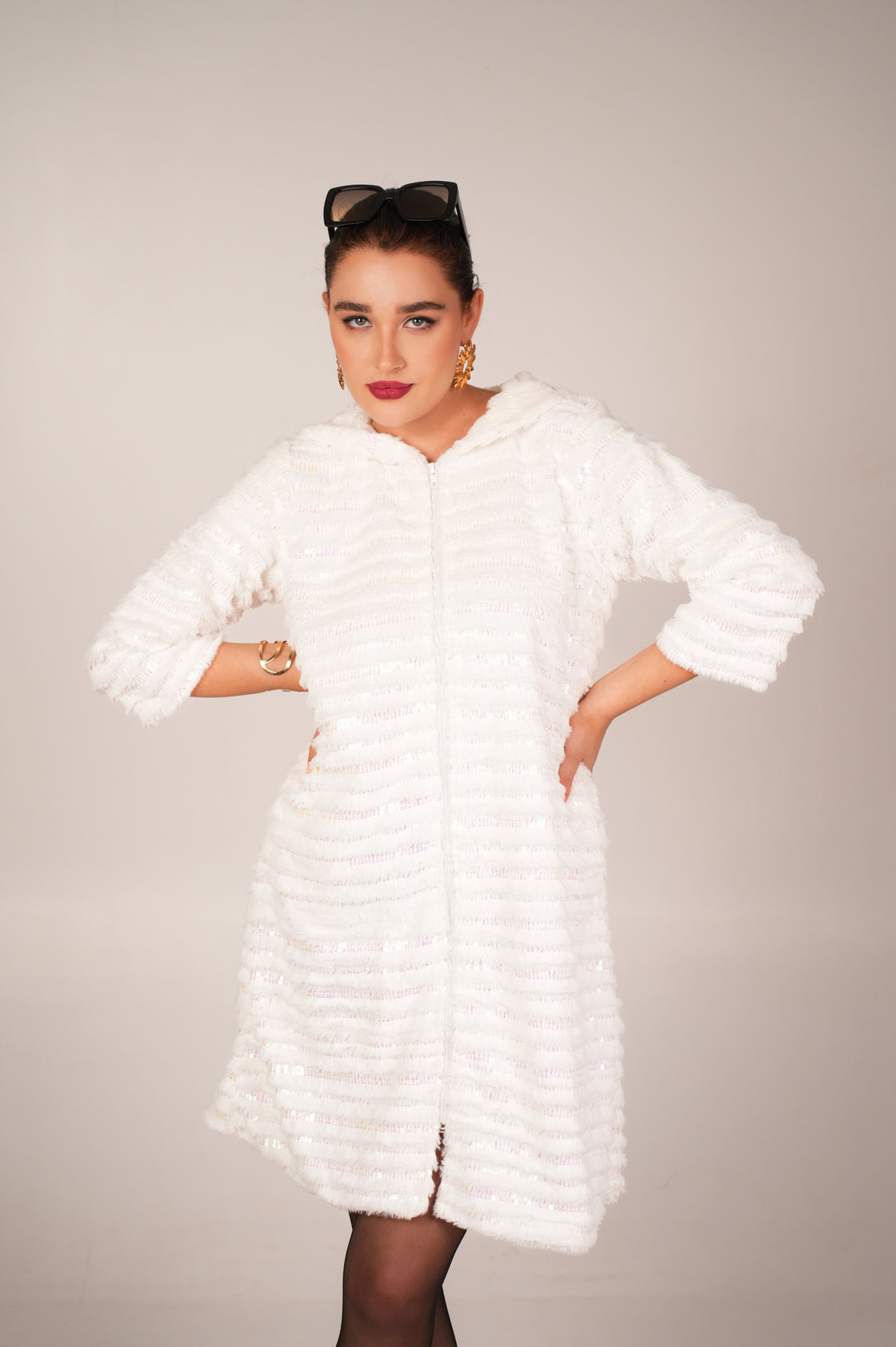 WHITE SEQUIN FOUX FUR COAT