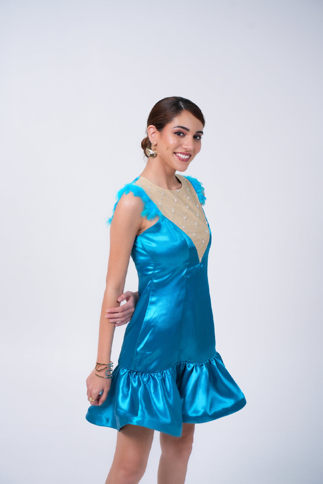 TEAL EMBROIDERY MINI DRESS