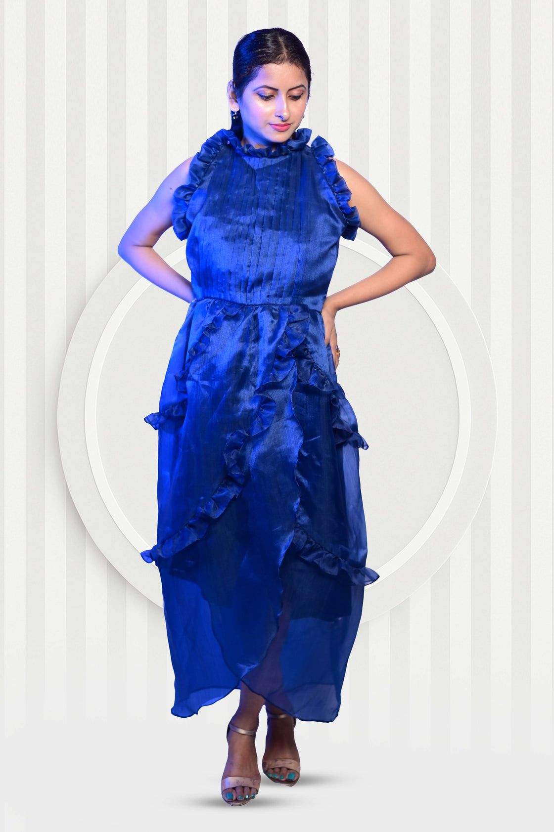 Elsa ruffled tea length blue dress for women
