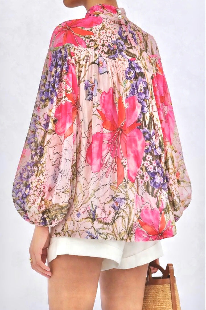 CHIFFON FLORAL TIE NECK BLOUSE