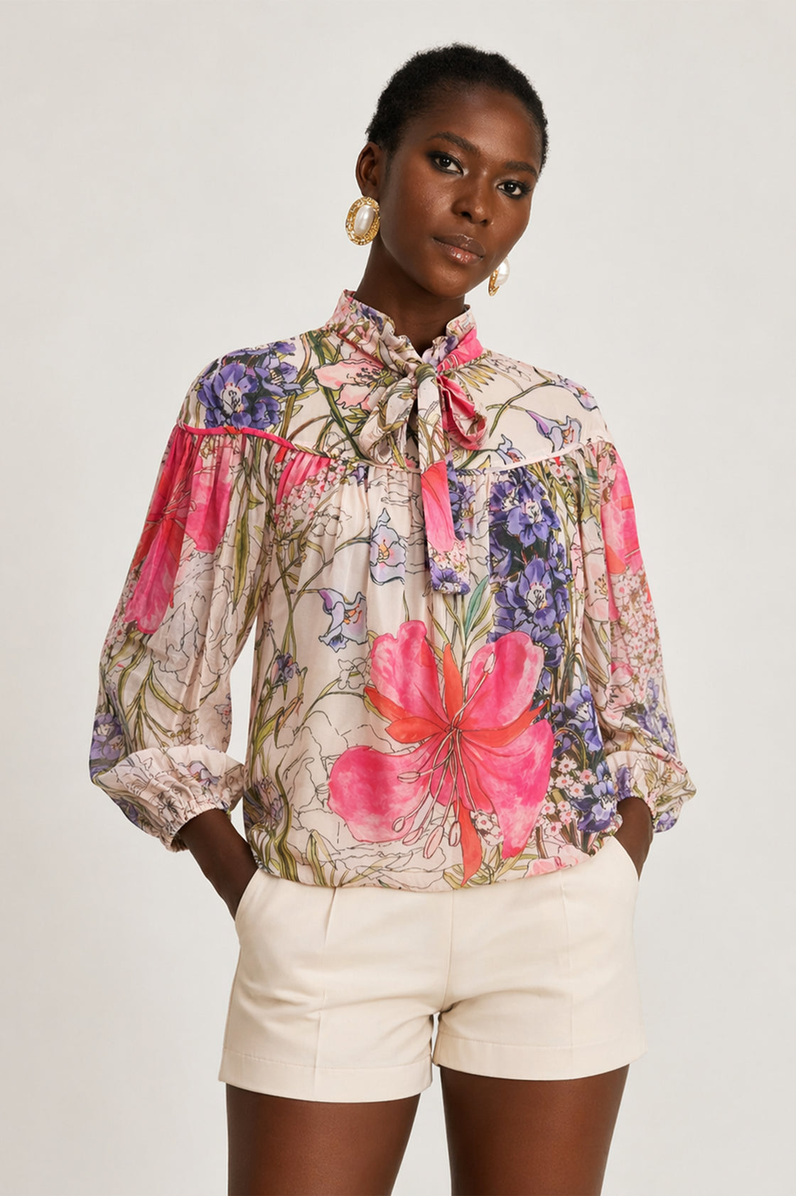 CHIFFON FLORAL TIE NECK BLOUSE