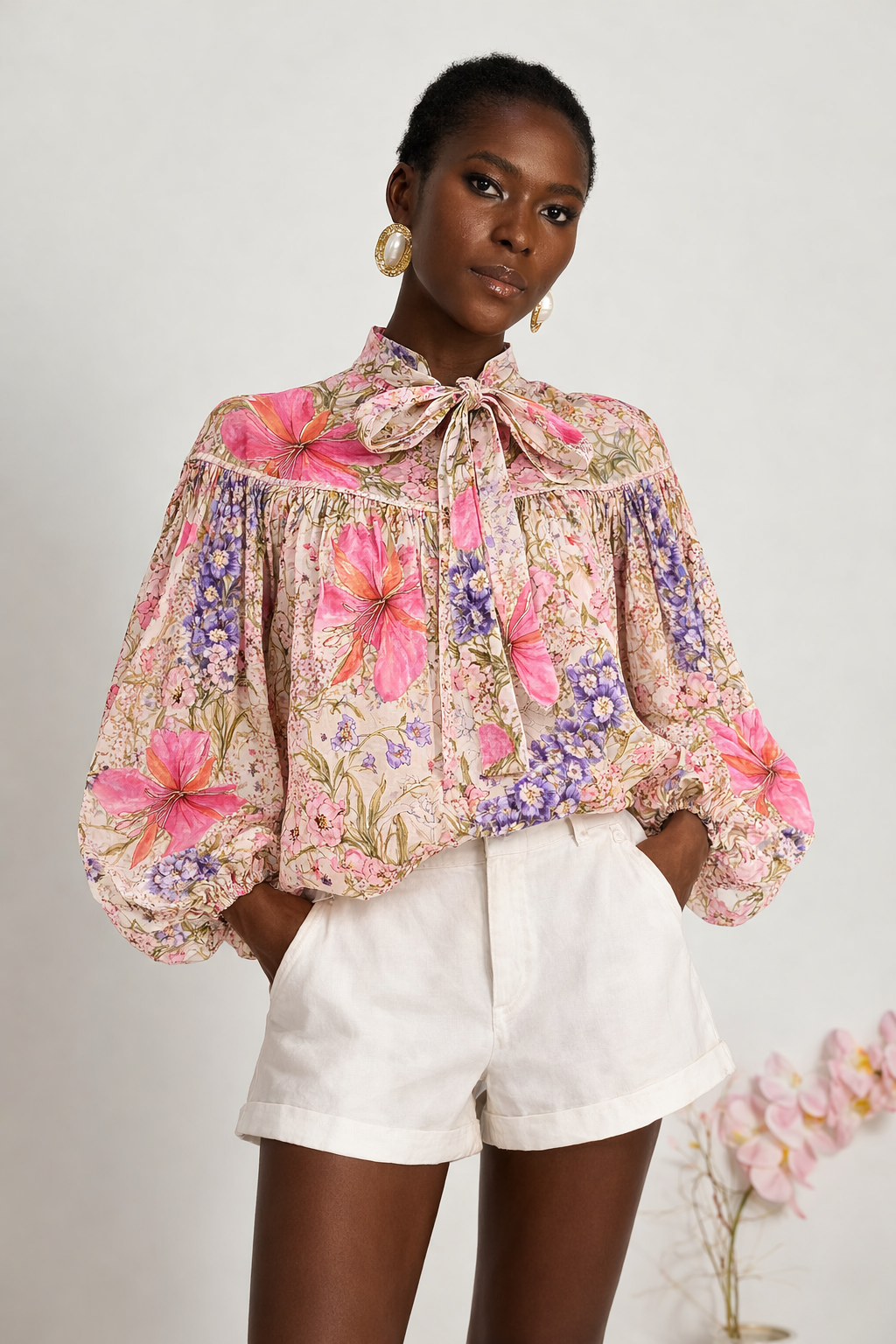 CHIFFON FLORAL TIE NECK BLOUSE