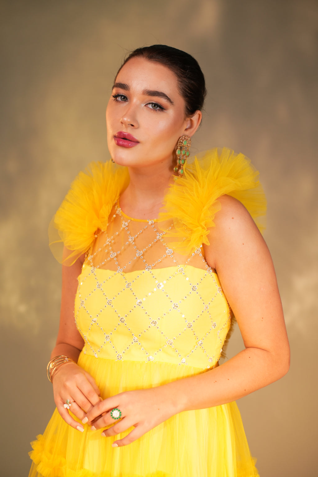 MYST YELLOW EMBROIDERED RUFFLE GOWN