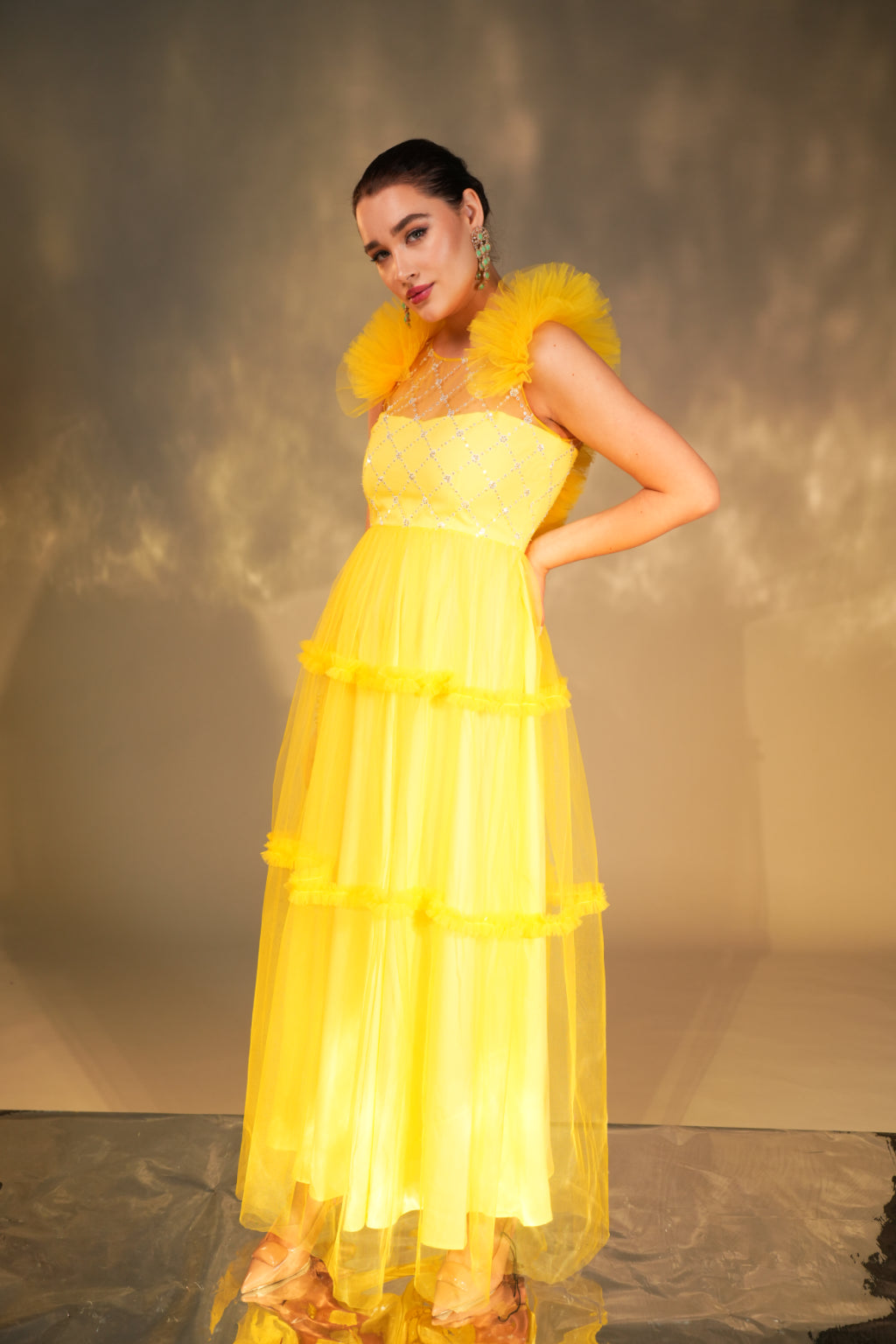 MYST YELLOW EMBROIDERED RUFFLE GOWN